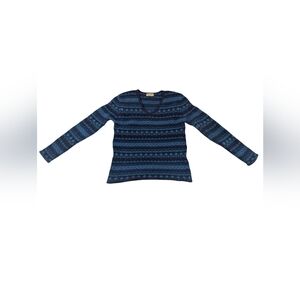 Eddie Bauer Fair Isle V Neck Blue Lambswool Sweater - Sz M